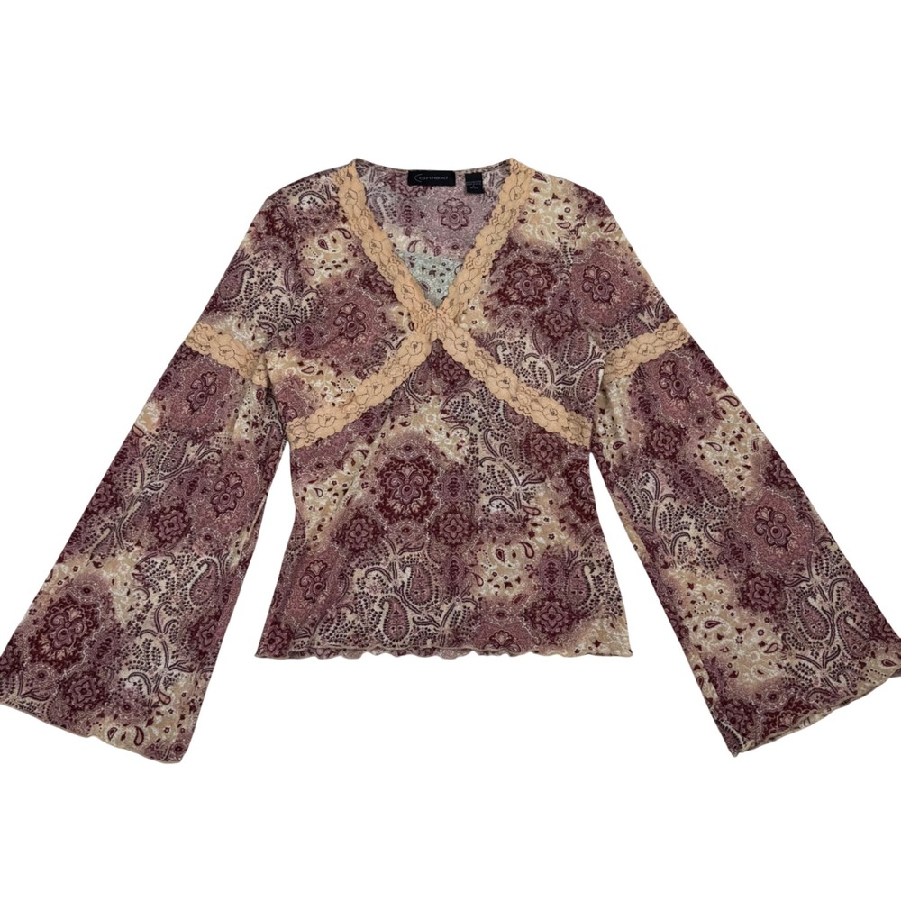 VTG Y2K Context Paisley Mesh Bell Sleeve V-Neck Lace Sz L Made in USA Fairycore